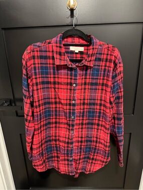 LOFT Red and Black Plaid Flannel Tunic Shirt